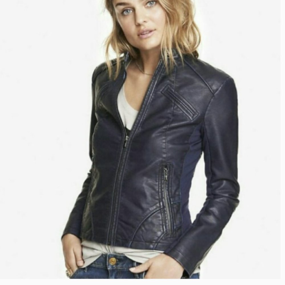 RARE Gorgeous Sebby Midnight Blue Faux Leather Moto Jacket Size Small